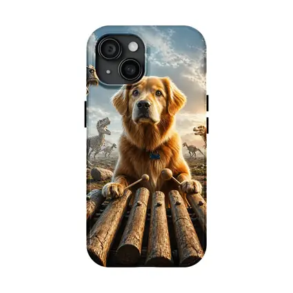 Golden Retriever Playing Xylophone With Dinosaur Skeletons