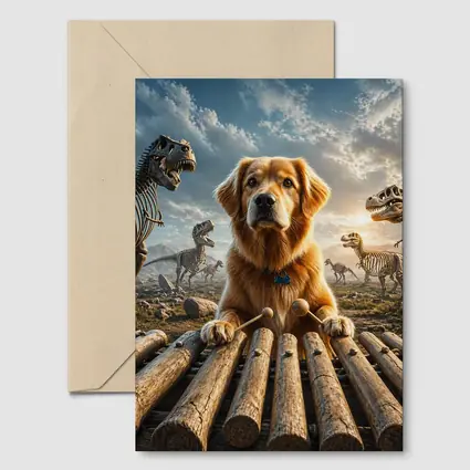 Golden Retriever Playing Xylophone With Dinosaur Skeletons