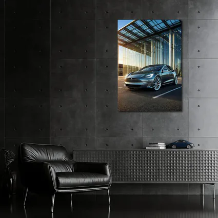 Tesla Model S Outside Glass Building