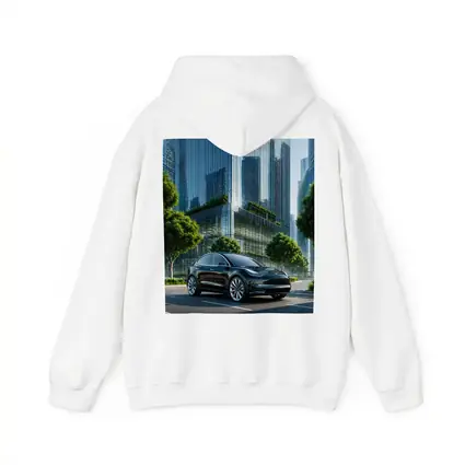 Tesla Model Y Black City Glass Buildings