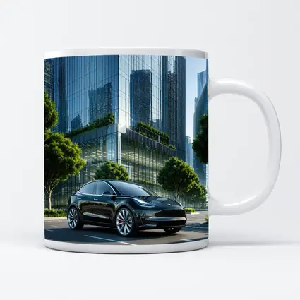 Tesla Model Y Black City Glass Buildings