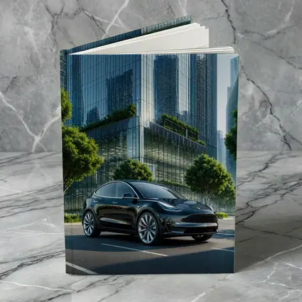 Tesla Model Y Black City Glass Buildings