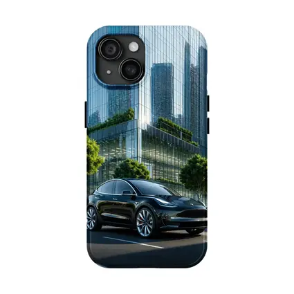 Tesla Model Y Black City Glass Buildings