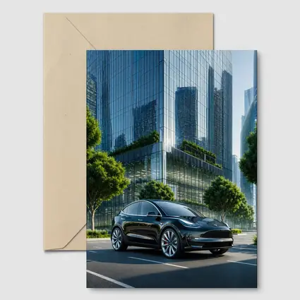 Tesla Model Y Black City Glass Buildings