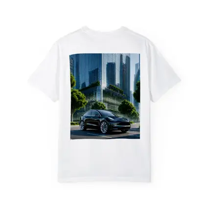Tesla Model Y Black City Glass Buildings
