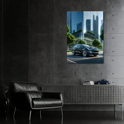 Tesla Model Y Black City Glass Buildings