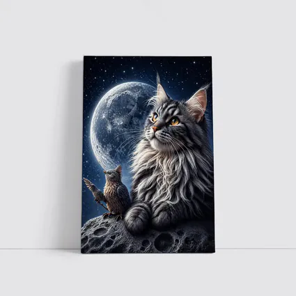 Maine Coon Cat and Bird Moon Night
