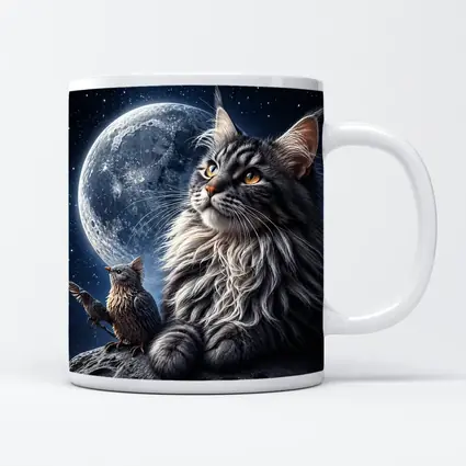 Maine Coon Cat and Bird Moon Night