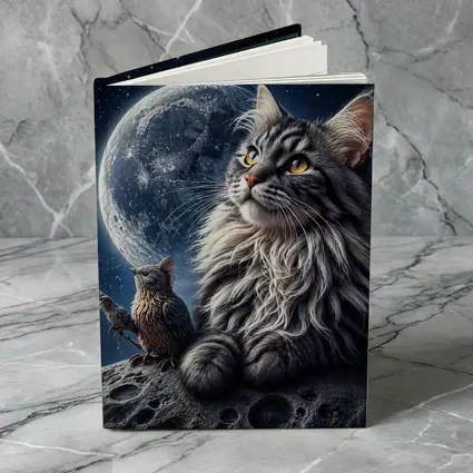 Maine Coon Cat and Bird Moon Night