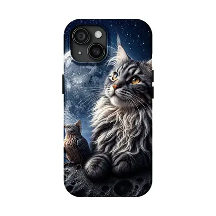 Maine Coon Cat and Bird Moon Night