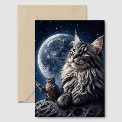 Maine Coon Cat and Bird Moon Night