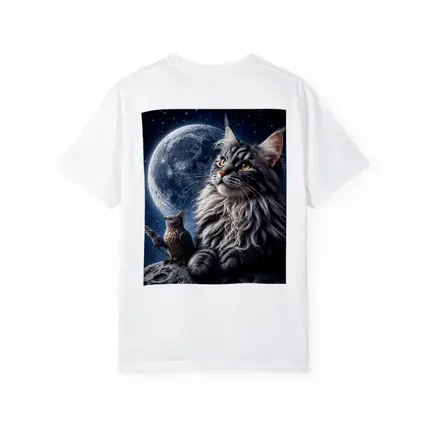 Maine Coon Cat and Bird Moon Night
