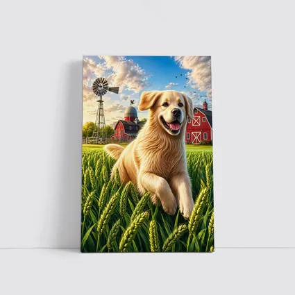 Golden Retriever Running Through Farm Wheat Field