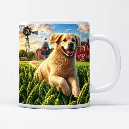 Golden Retriever Running Through Farm Wheat Field