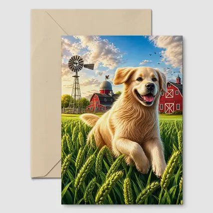 Golden Retriever Running Through Farm Wheat Field