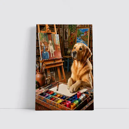 Golden Retriever Artist Painting in Studio