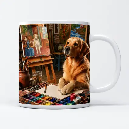 Golden Retriever Artist Painting in Studio