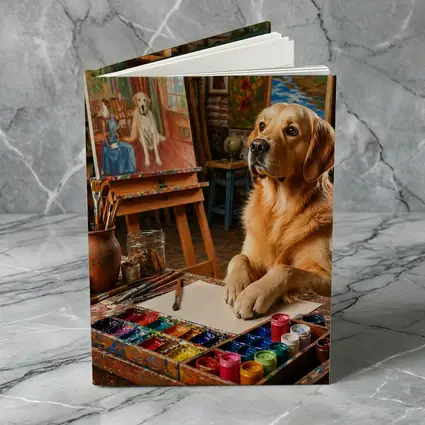 Golden Retriever Artist Painting in Studio