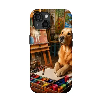 Golden Retriever Artist Painting in Studio