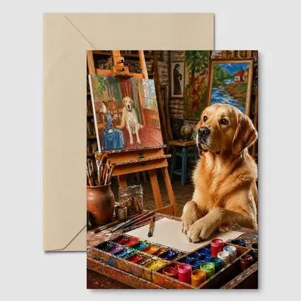 Golden Retriever Artist Painting in Studio