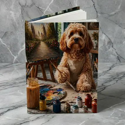 Goldendoodle Artist Painting in Studio Workshop