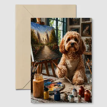 Goldendoodle Artist Painting in Studio Workshop