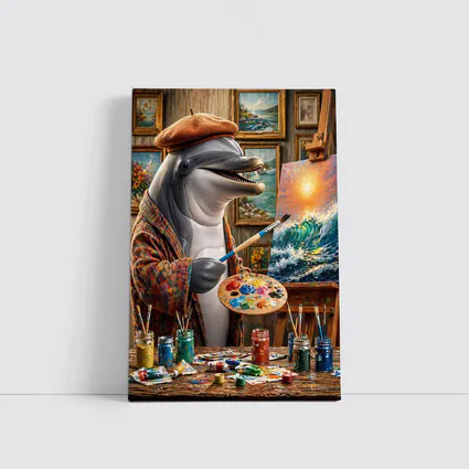 Dolphin Artist Painting Ocean Waves in Studio