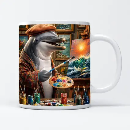Dolphin Artist Painting Ocean Waves in Studio