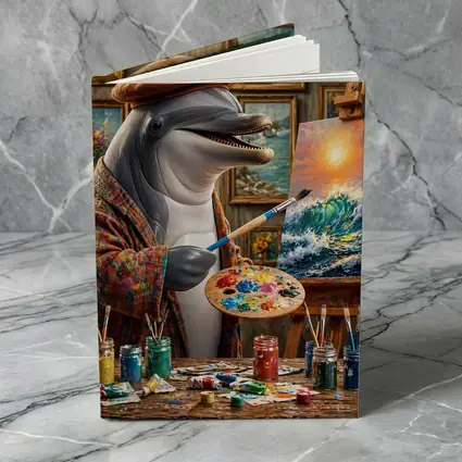 Dolphin Artist Painting Ocean Waves in Studio