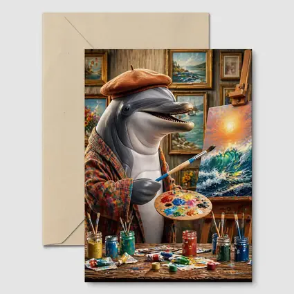 Dolphin Artist Painting Ocean Waves in Studio