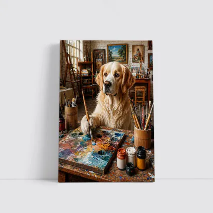 Golden Retriever Artist Painting in Studio