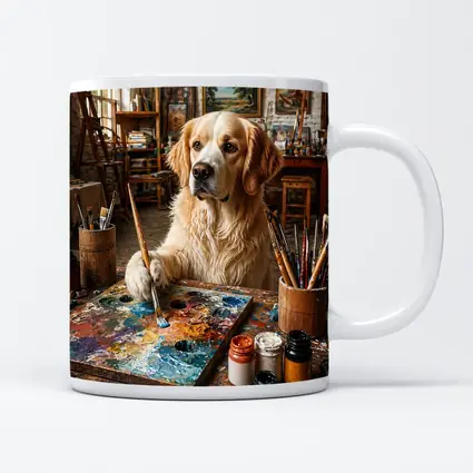 Golden Retriever Artist Painting in Studio