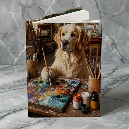 Golden Retriever Artist Painting in Studio