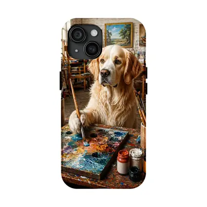 Golden Retriever Artist Painting in Studio