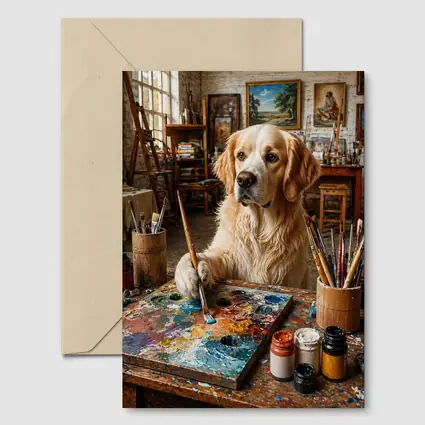 Golden Retriever Artist Painting in Studio