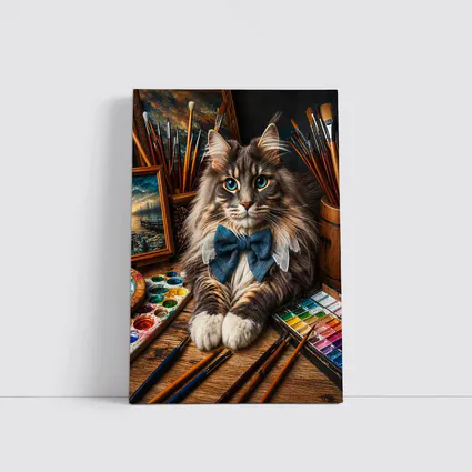 Maine Coon Cat Artist With Paintbrushes