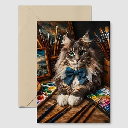Maine Coon Cat Artist With Paintbrushes