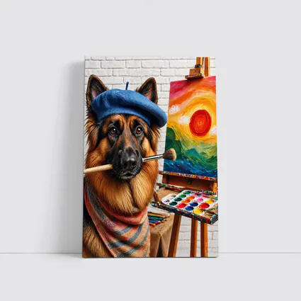 German Shepherd Artist Painting Colorful Sunset Canvas