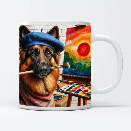 German Shepherd Artist Painting Colorful Sunset Canvas