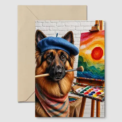 German Shepherd Artist Painting Colorful Sunset Canvas