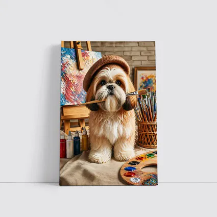 Shih Tzu Artist Dog Wearing Beret Studio