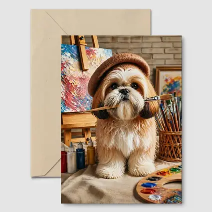 Shih Tzu Artist Dog Wearing Beret Studio