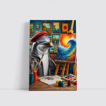 Dolphin Artist Painting Wave in Studio