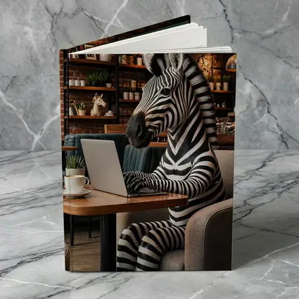 Zebra Working on Laptop in Cafe