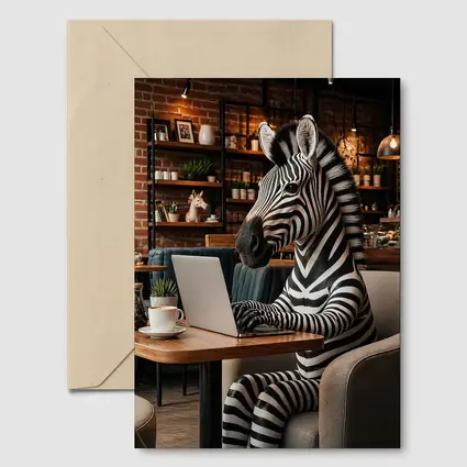 Zebra Working on Laptop in Cafe