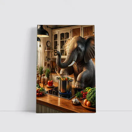 Elephant Cooking Vegetables in Cozy Kitchen