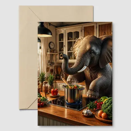 Elephant Cooking Vegetables in Cozy Kitchen