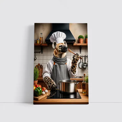 Hyena Chef Cooking in Rustic Kitchen