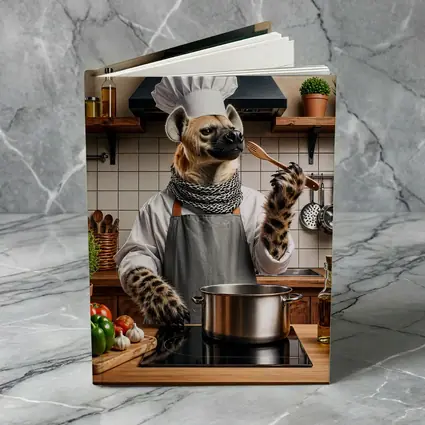 Hyena Chef Cooking in Rustic Kitchen