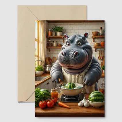 Hippo Chef Cooking in Cozy Kitchen